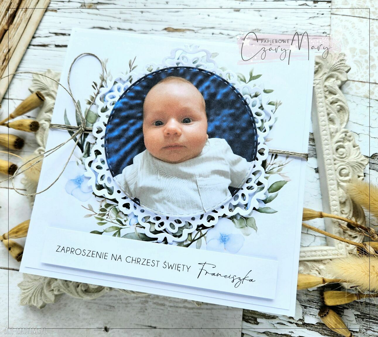 Zaproszenia na Chrzest Święty ze zdjęciem - ręcznie robione, personalizowane 13x13