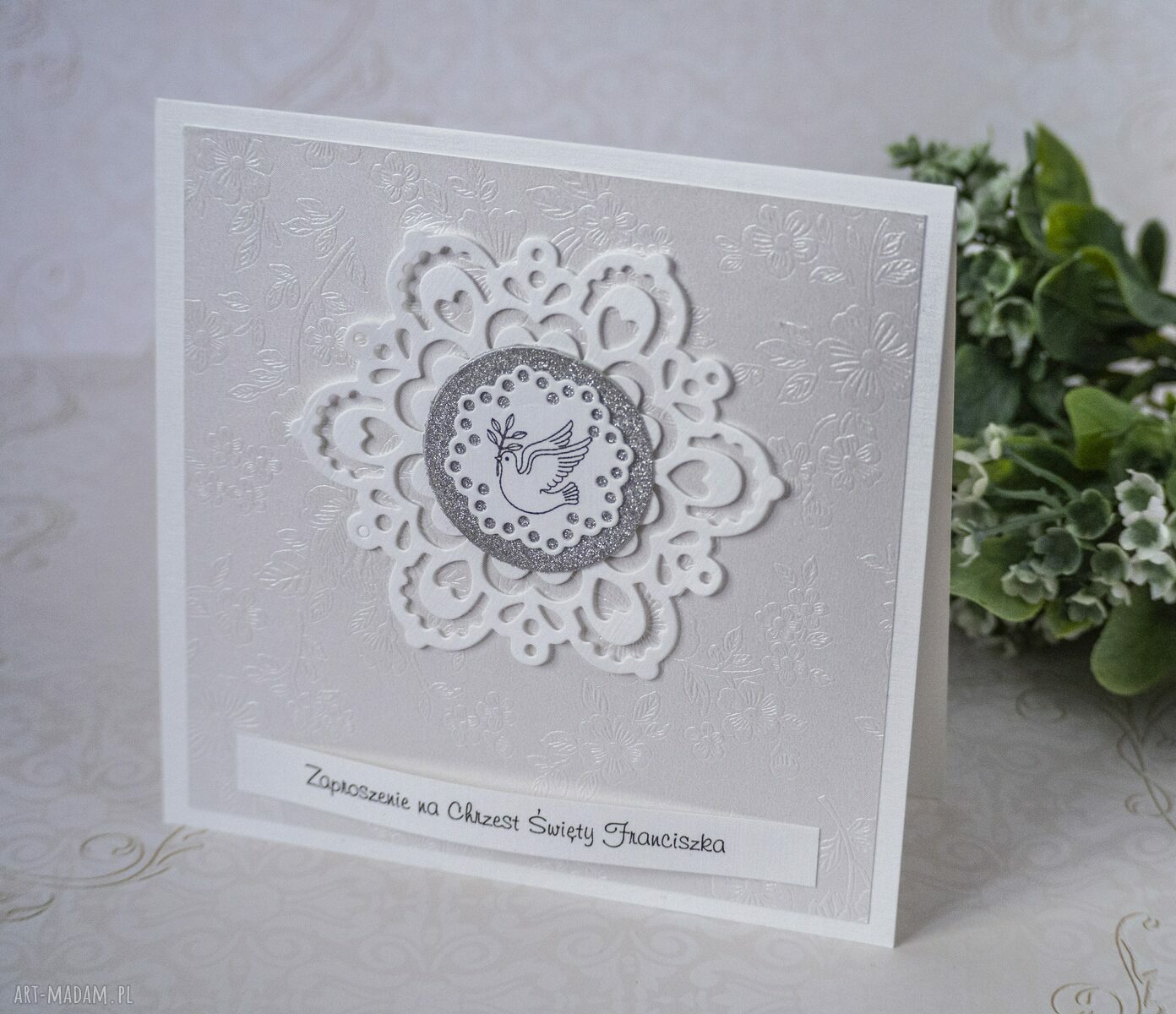 Eleganckie zaproszenie na Chrzest Święty Biała Konwalia - personalizowane