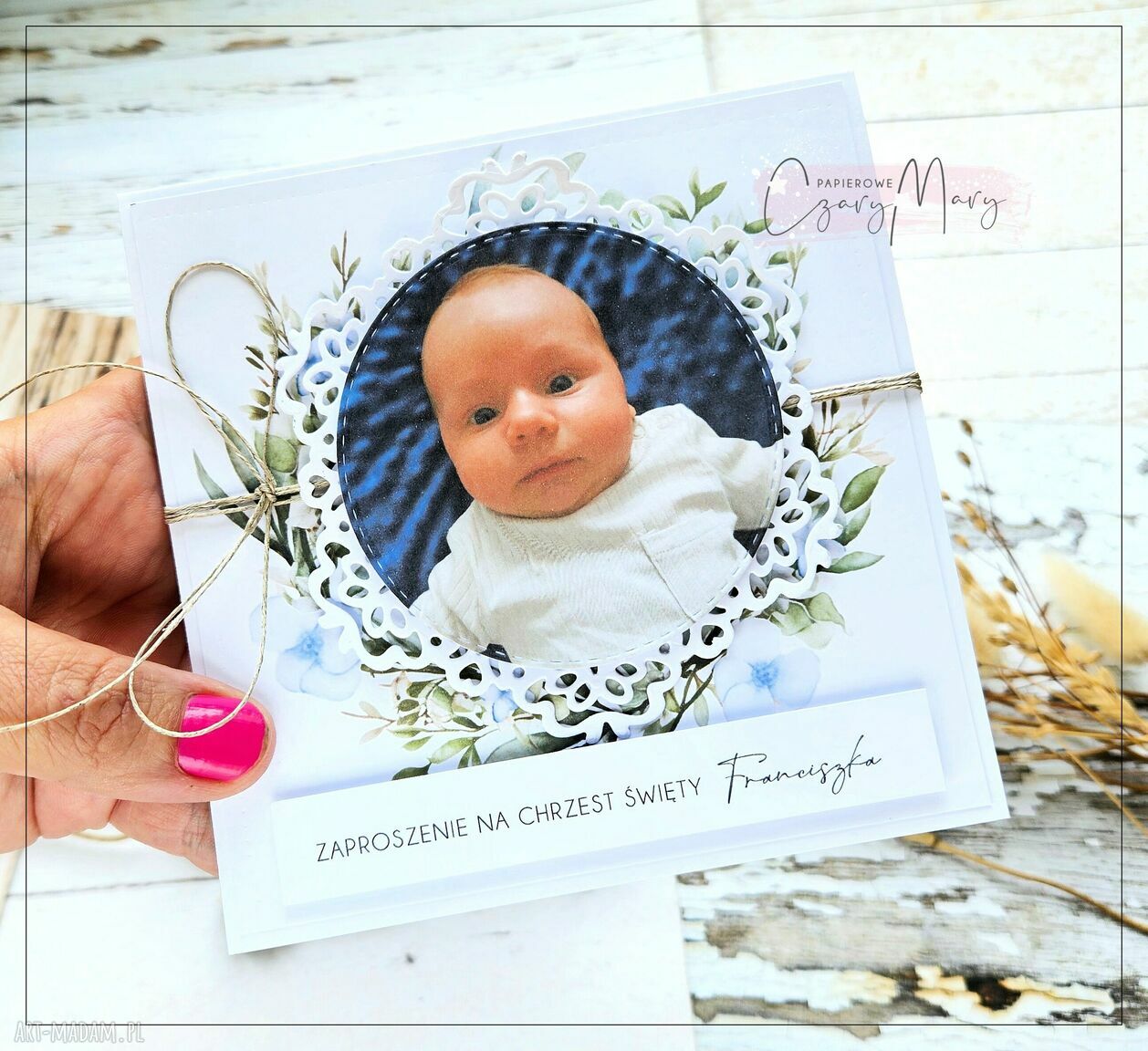 Zaproszenia na Chrzest Święty ze zdjęciem - ręcznie robione, personalizowane 13x13