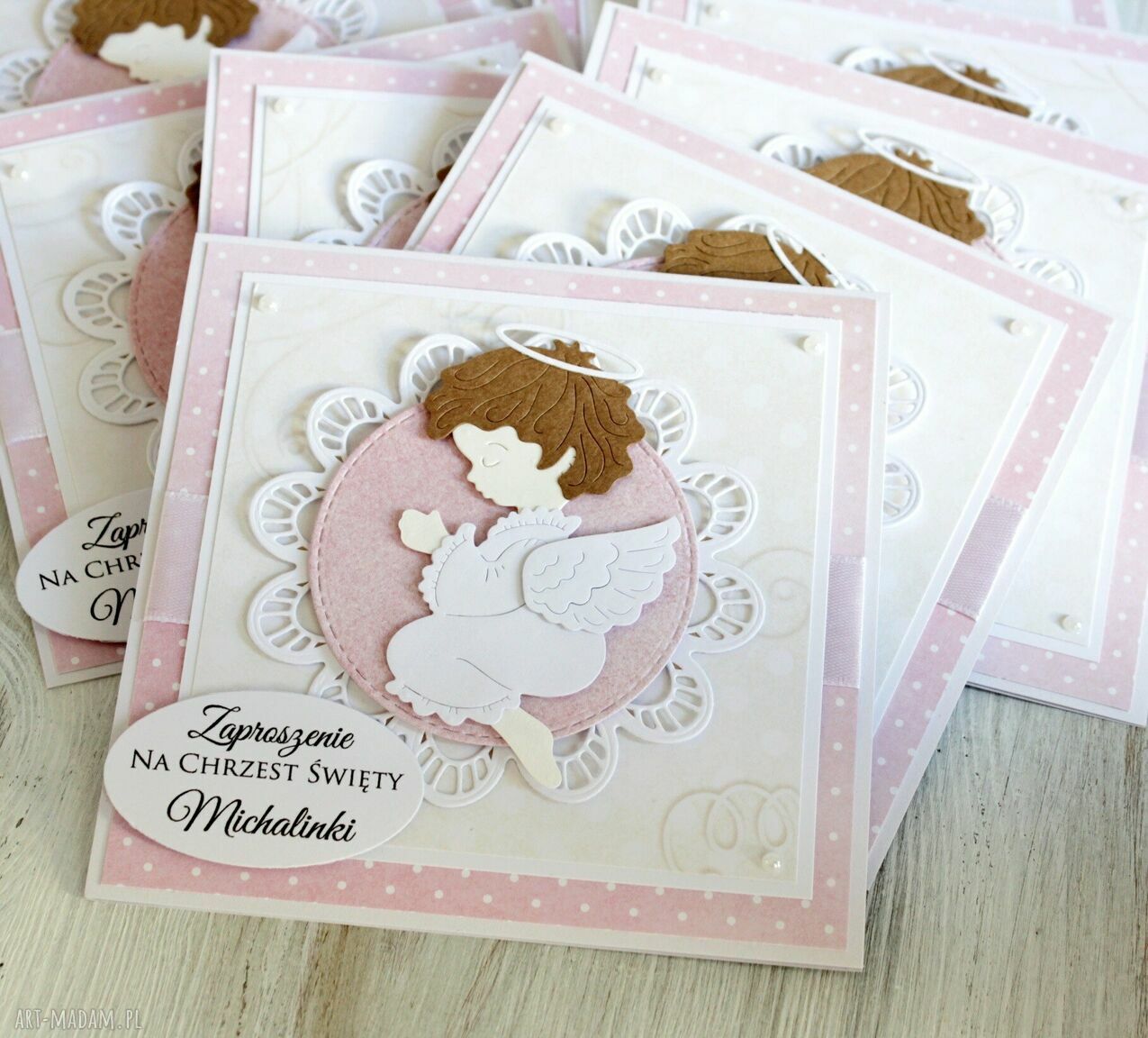 zaproszenie: Zaproszenia na chrzest święty z aniołkiem handmade