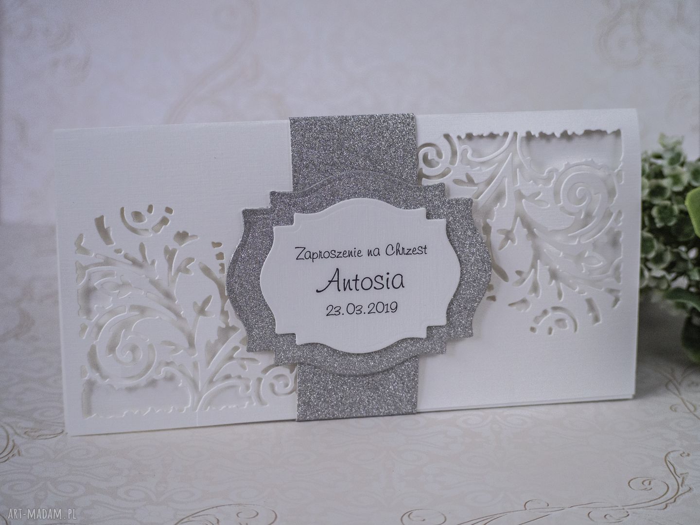 Zaproszenia na Chrzest Święty DL Biała Konwalia - handmade
