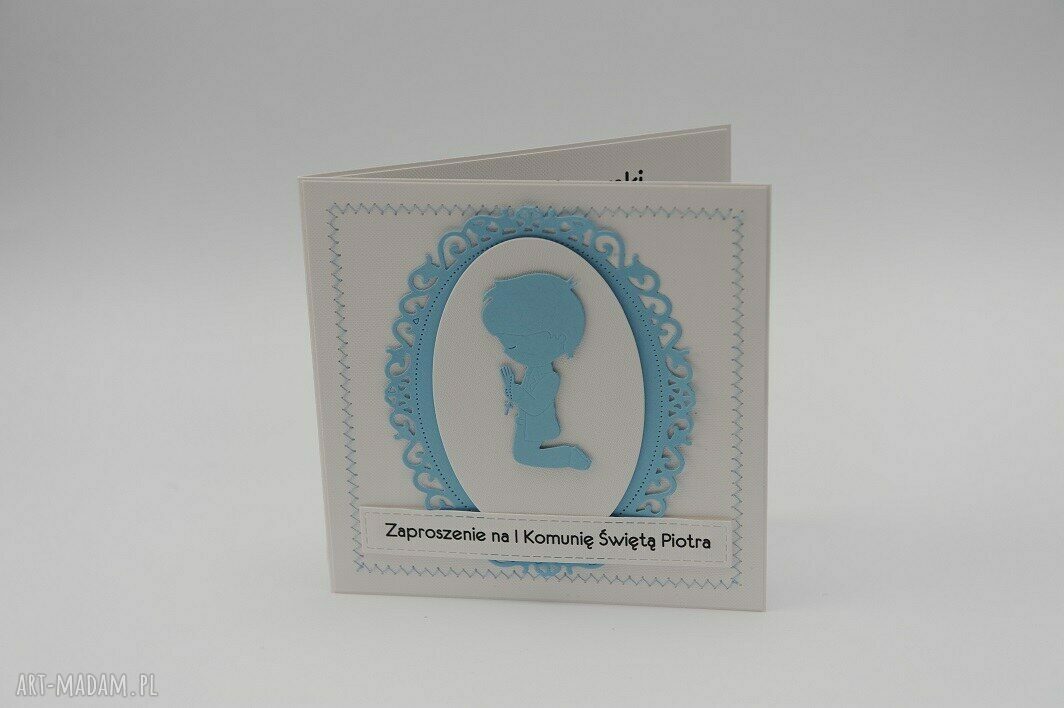 Personalizowane zaproszenia na Pierwszą Komunię Świętą 15x15 cm z białą kopertą