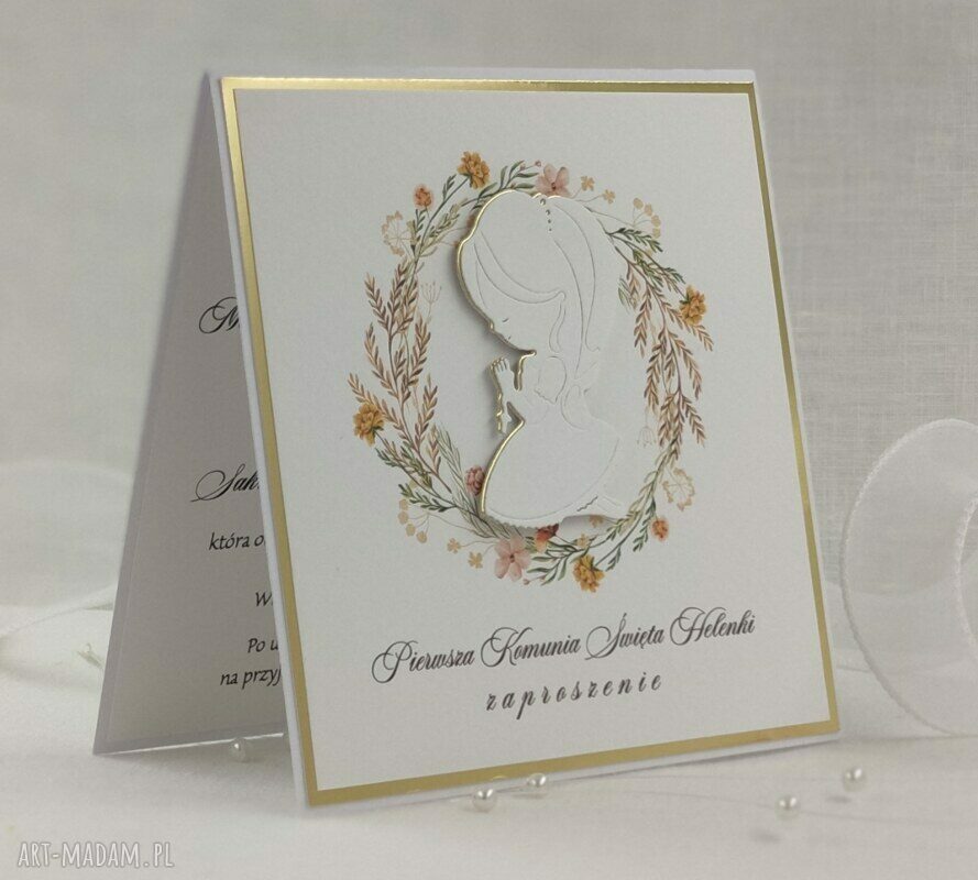 Zaproszenia komunijne Wzór 43E - personalizacja i elegancja w bieli oraz złocie