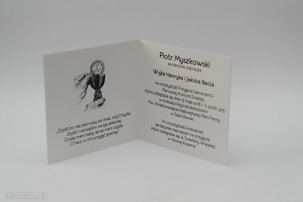 Personalizowane zaproszenia na Pierwszą Komunię Świętą 15x15 cm z białą kopertą