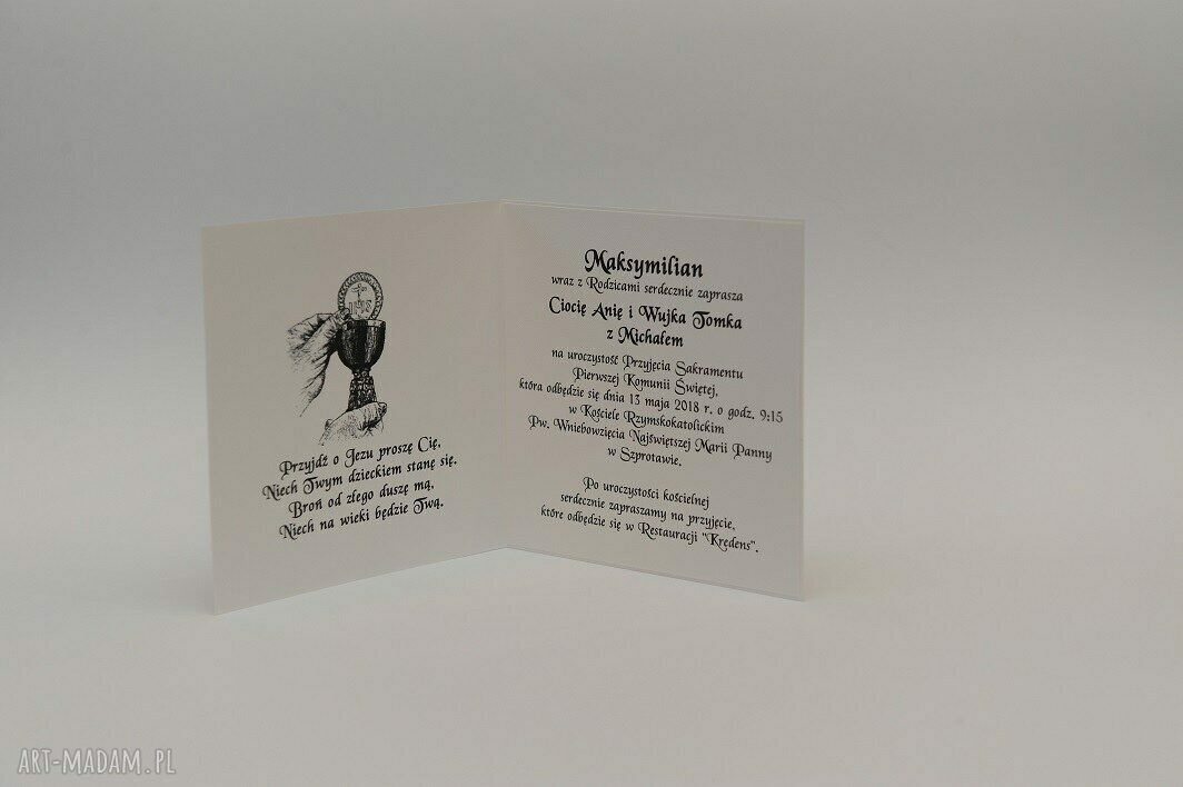Zaproszenia na Komunię handmade - personalizowane 15x15 cm z hostią i białą kopertą