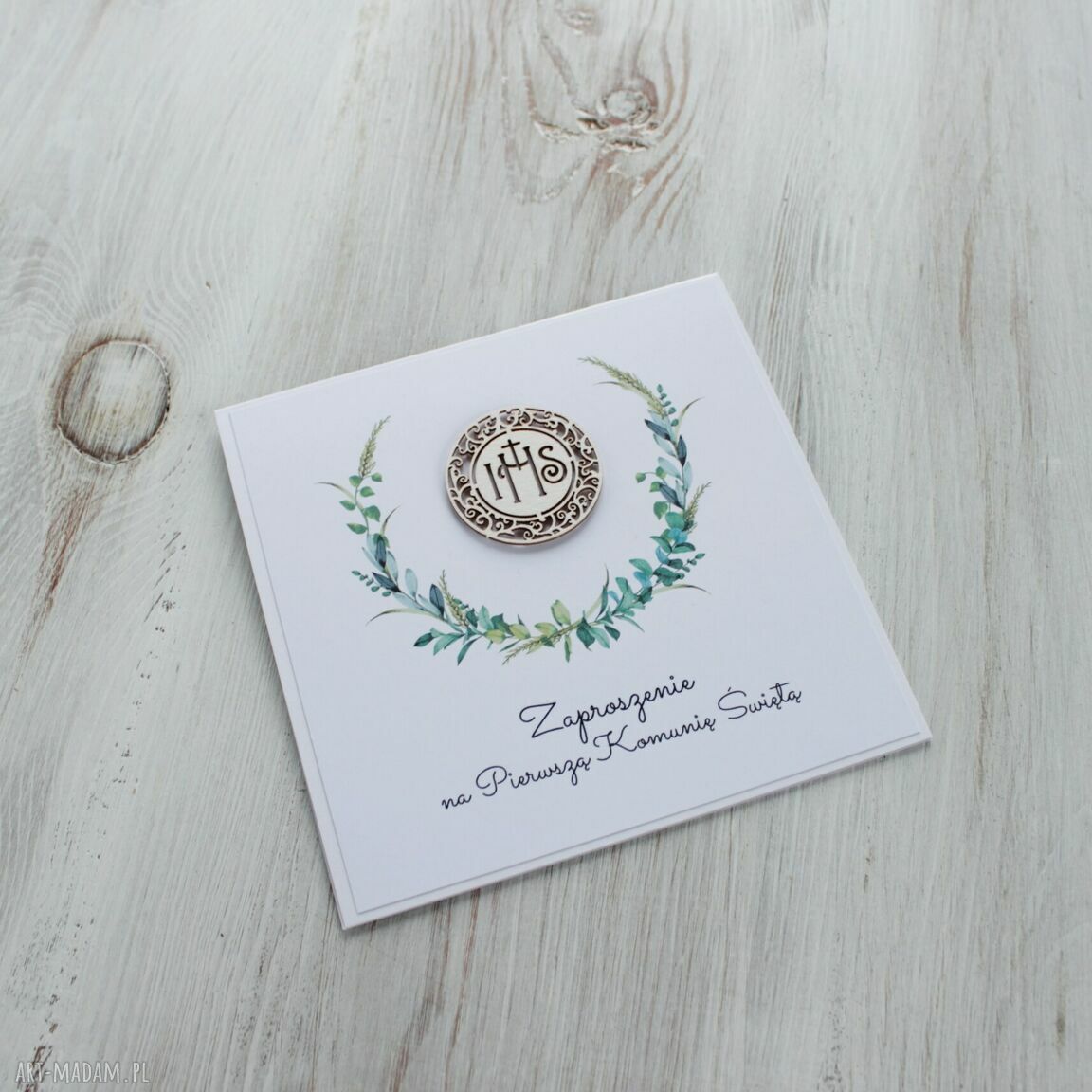 zaproszenie: Zaproszenia na komunię wianek i hostia Hand Made