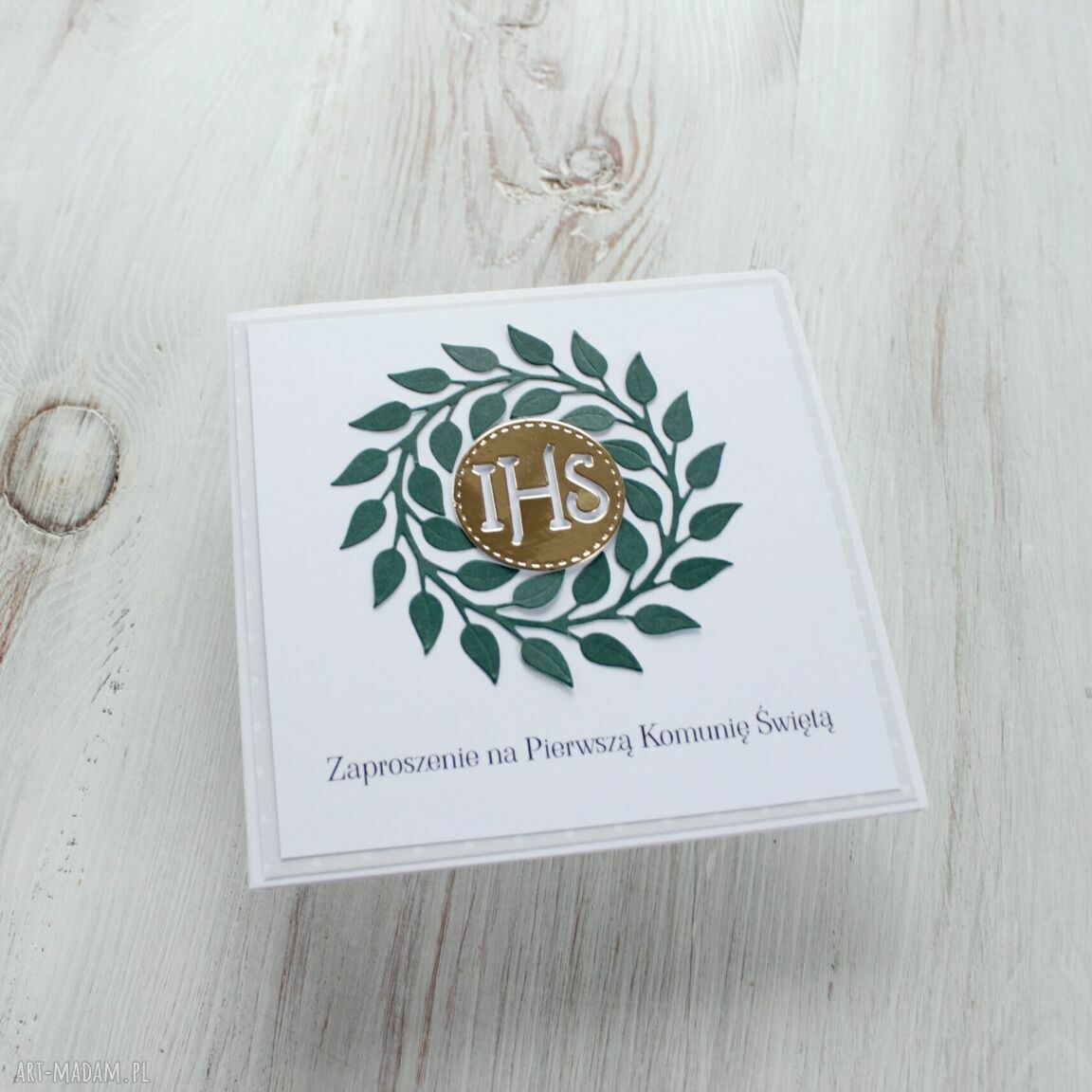 święta upominki: Zaproszenia na komunię wianek złota hostia Hand Made