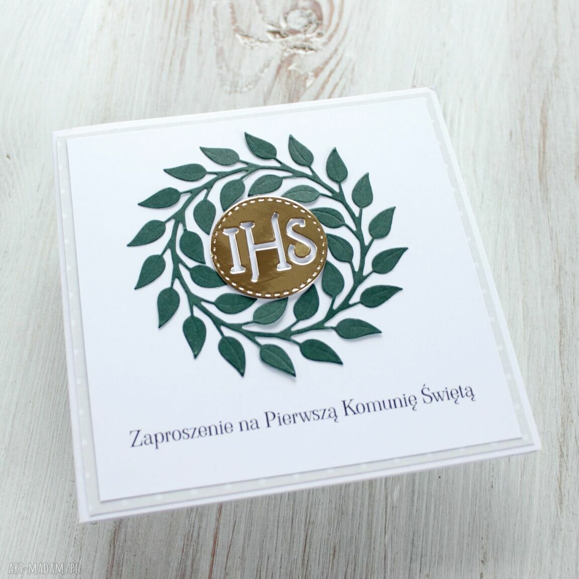 święta upominki: Zaproszenia na komunię wianek złota hostia Hand Made