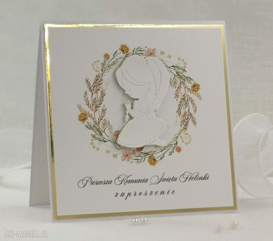 Zaproszenia komunijne Wzór 43E - personalizacja i elegancja w bieli oraz złocie