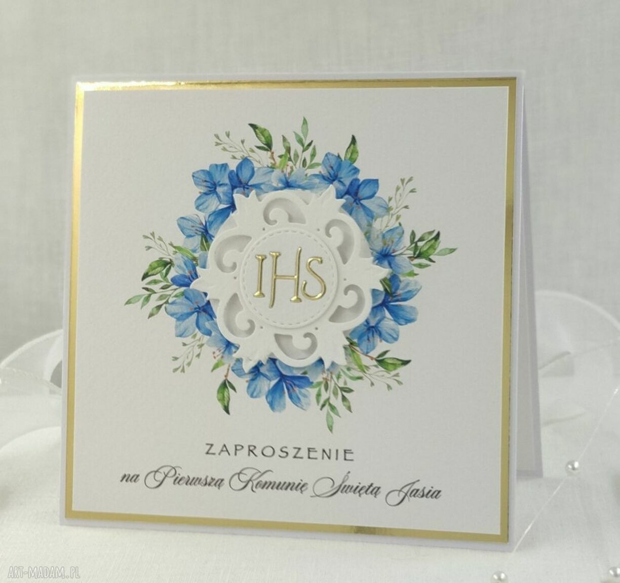 Zaproszenia na komunię z personalizacją, wzór 12B - biało-złote handmade