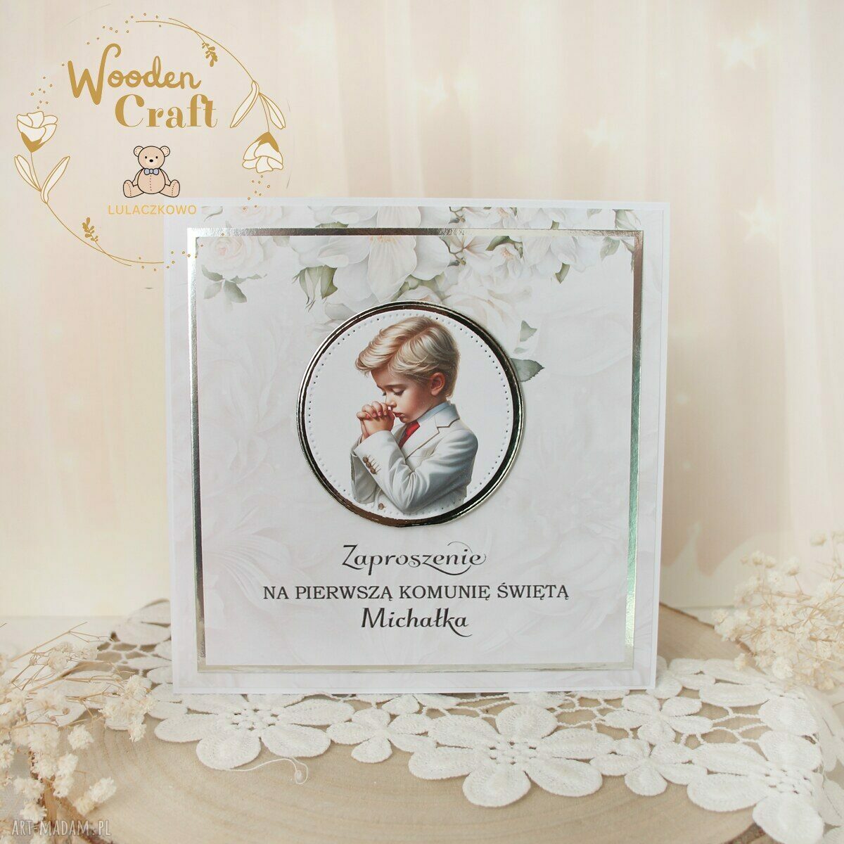 Zaproszenia na Pierwszą Komunię „White Roses Boy” - 10 sztuk, personalizowane ręcznie