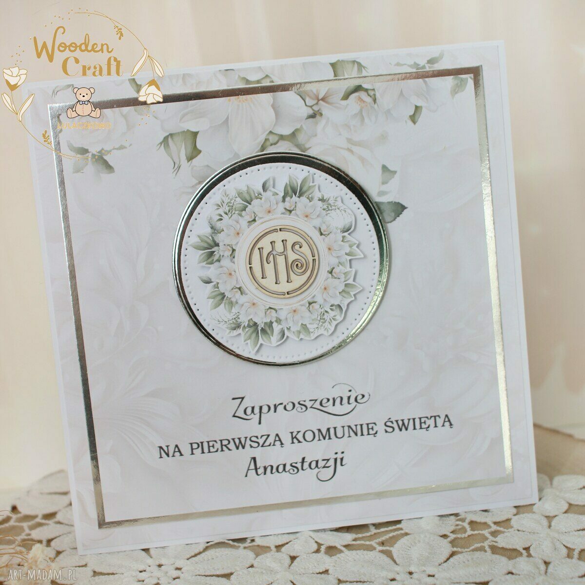 Zaproszenia na Pierwszą Komunię Świętą White Flowers - 16 szt. z białymi kopertami