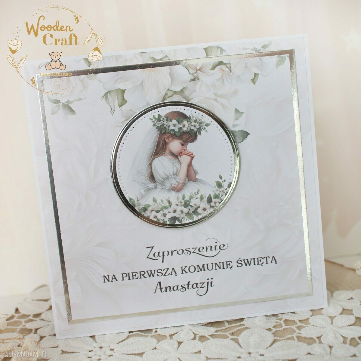 Zaproszenia na Pierwszą Komunię White Roses Girl - 16 sztuk z kopertami