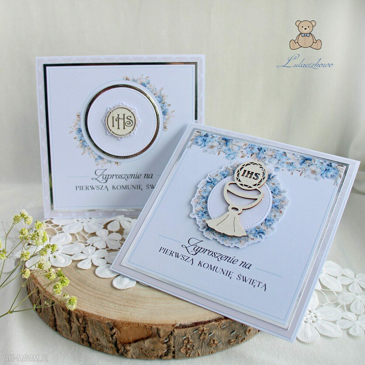 Zaproszenia komunijne Blue Flower - 11 sztuk, personalizowane