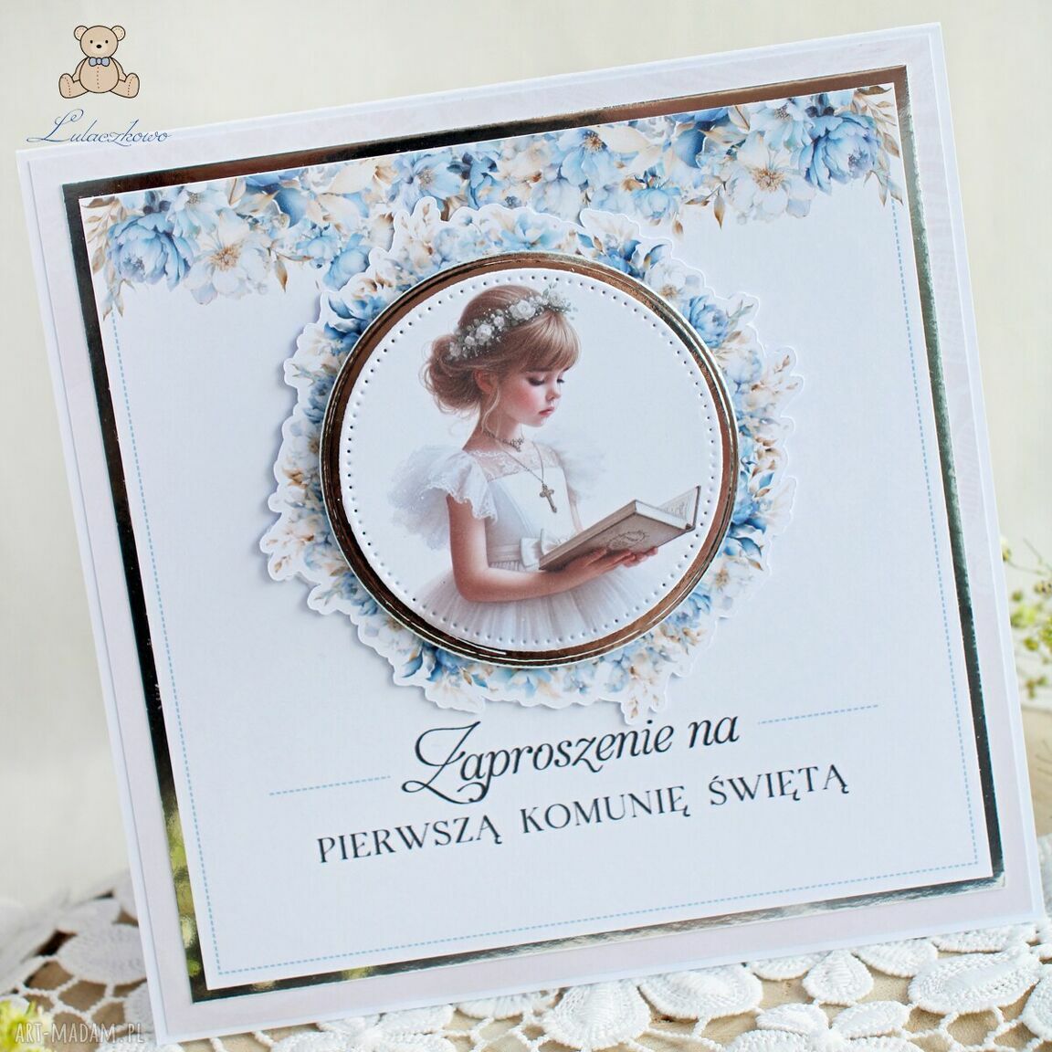 Zaproszenia komunijne Blue Flower Girl na Pierwszą Komunię Świętą - zestaw 16 szt.