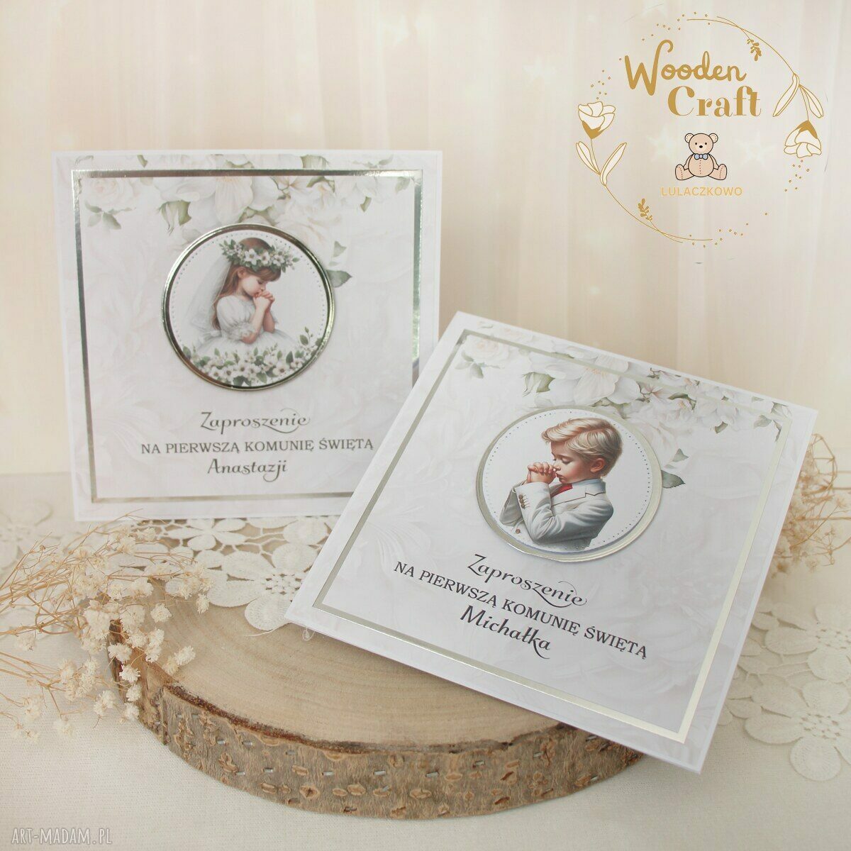 Zaproszenia na Pierwszą Komunię „White Roses Boy” - 10 sztuk, personalizowane ręcznie