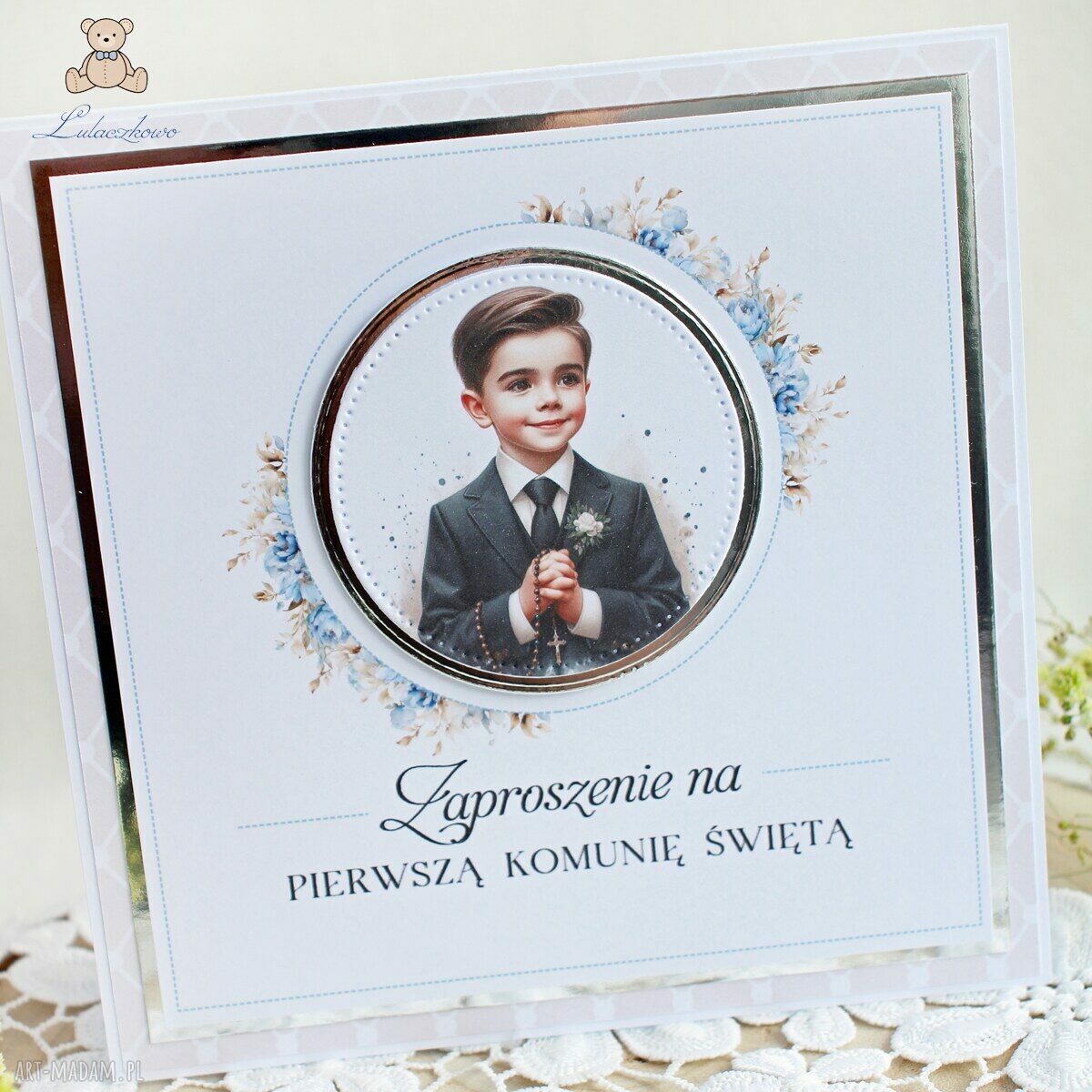 Zaproszenia komunijne Blue Flower Boy na Pierwszą Komunię Świętą (16 szt)