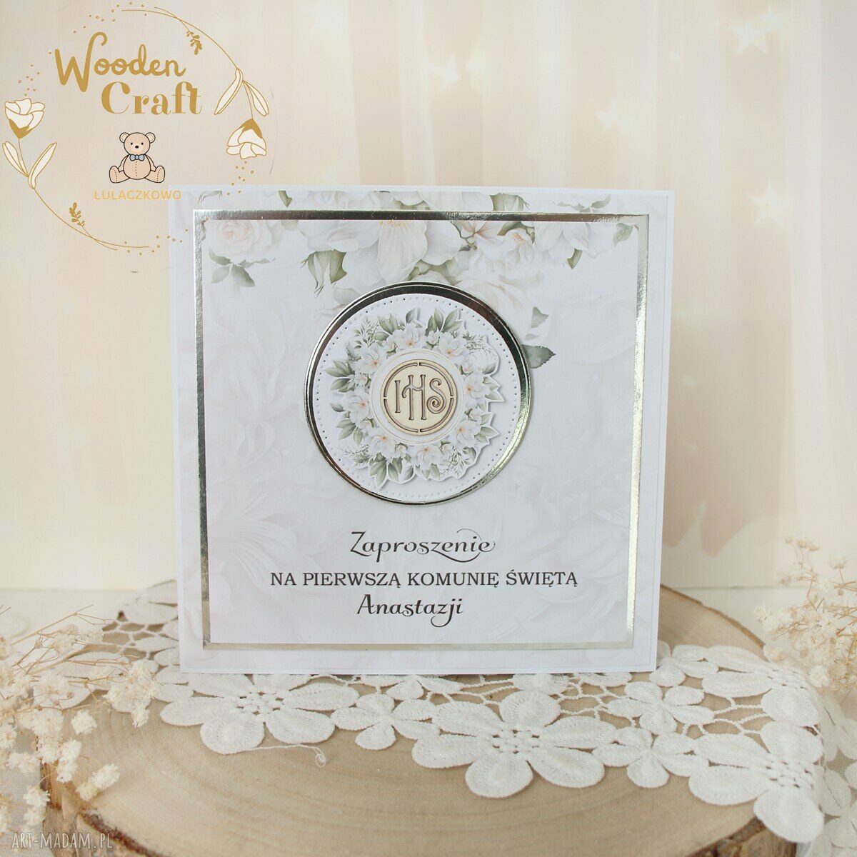Zaproszenia na Pierwszą Komunię Świętą White Flowers - 16 szt. z białymi kopertami
