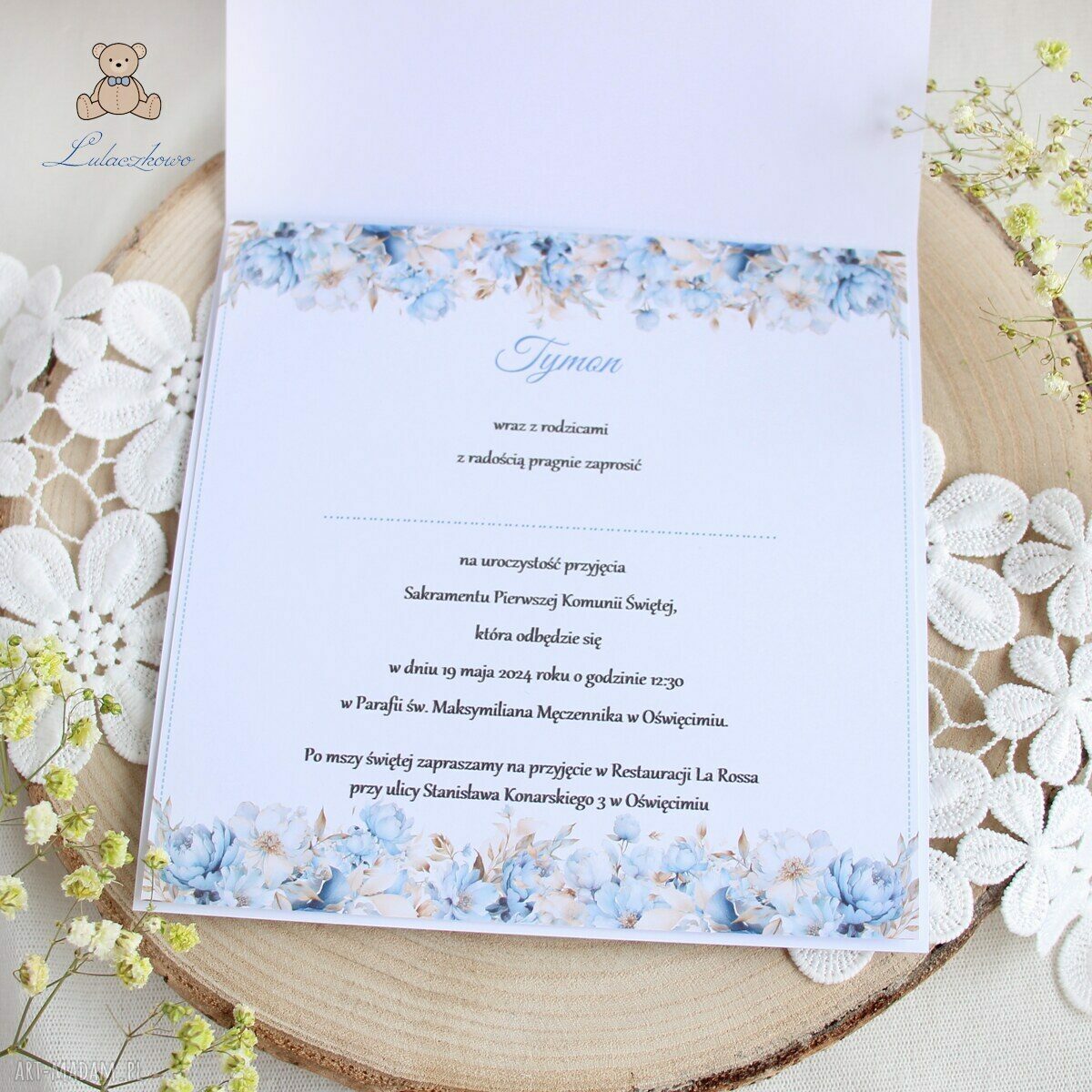 Zaproszenia komunijne Blue Flower Girl na Pierwszą Komunię Świętą - zestaw 16 szt.