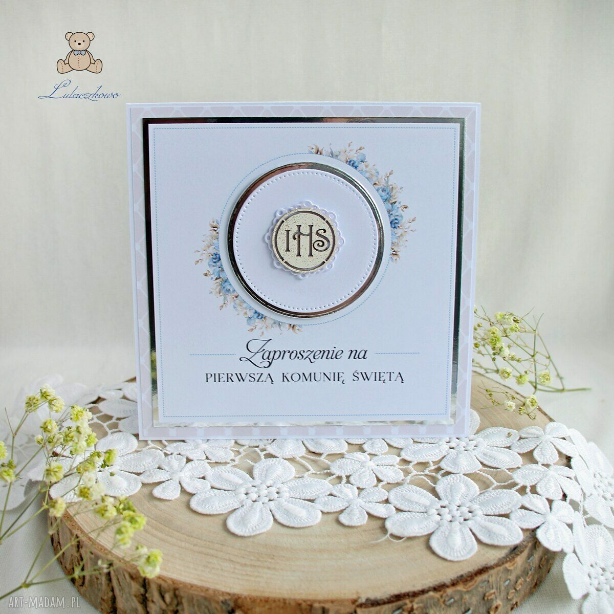 Zaproszenia komunijne Blue Flower - 11 sztuk, personalizowane