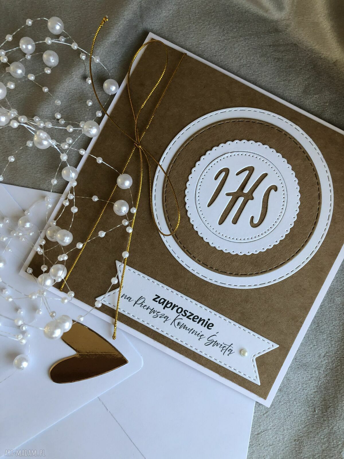 Zaproszenie na Komunię Świętą z hostią - kraft i biel, personalizacja GRATIS
