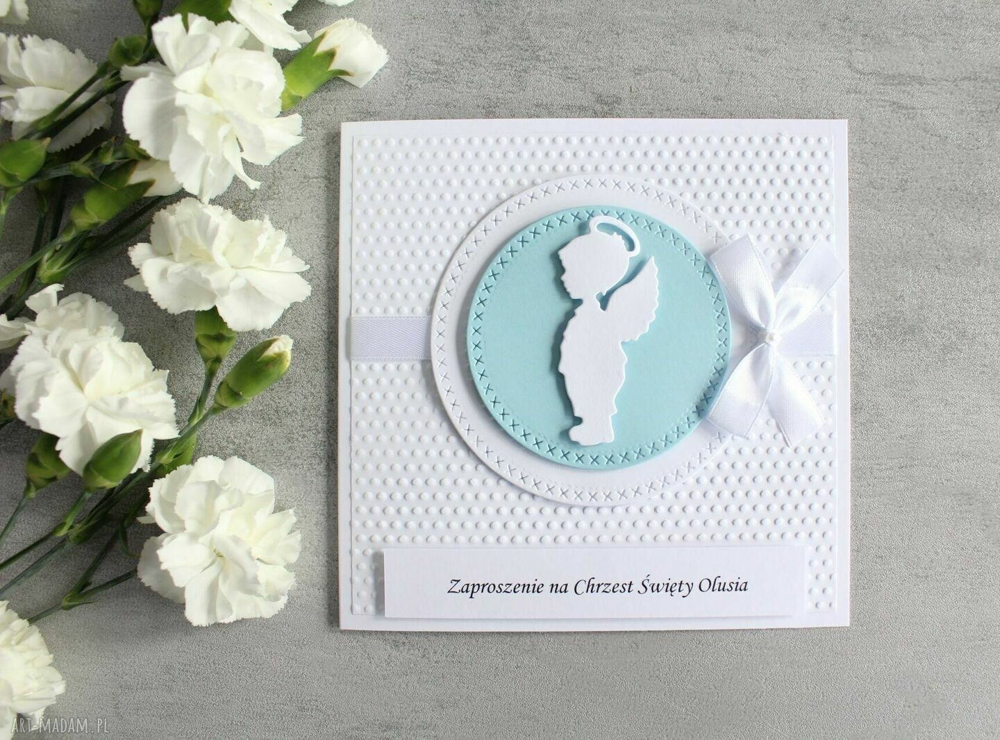 Zaproszenie chrzest Święty aniołek chłopiec szt chrzestna