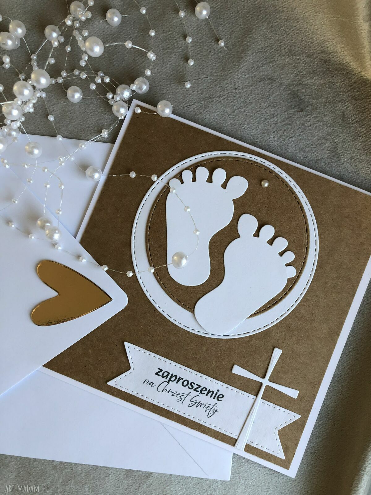 Zaproszenie na Chrzest Święty otwierane z kopertą - kraft i biel personalizacja gratis