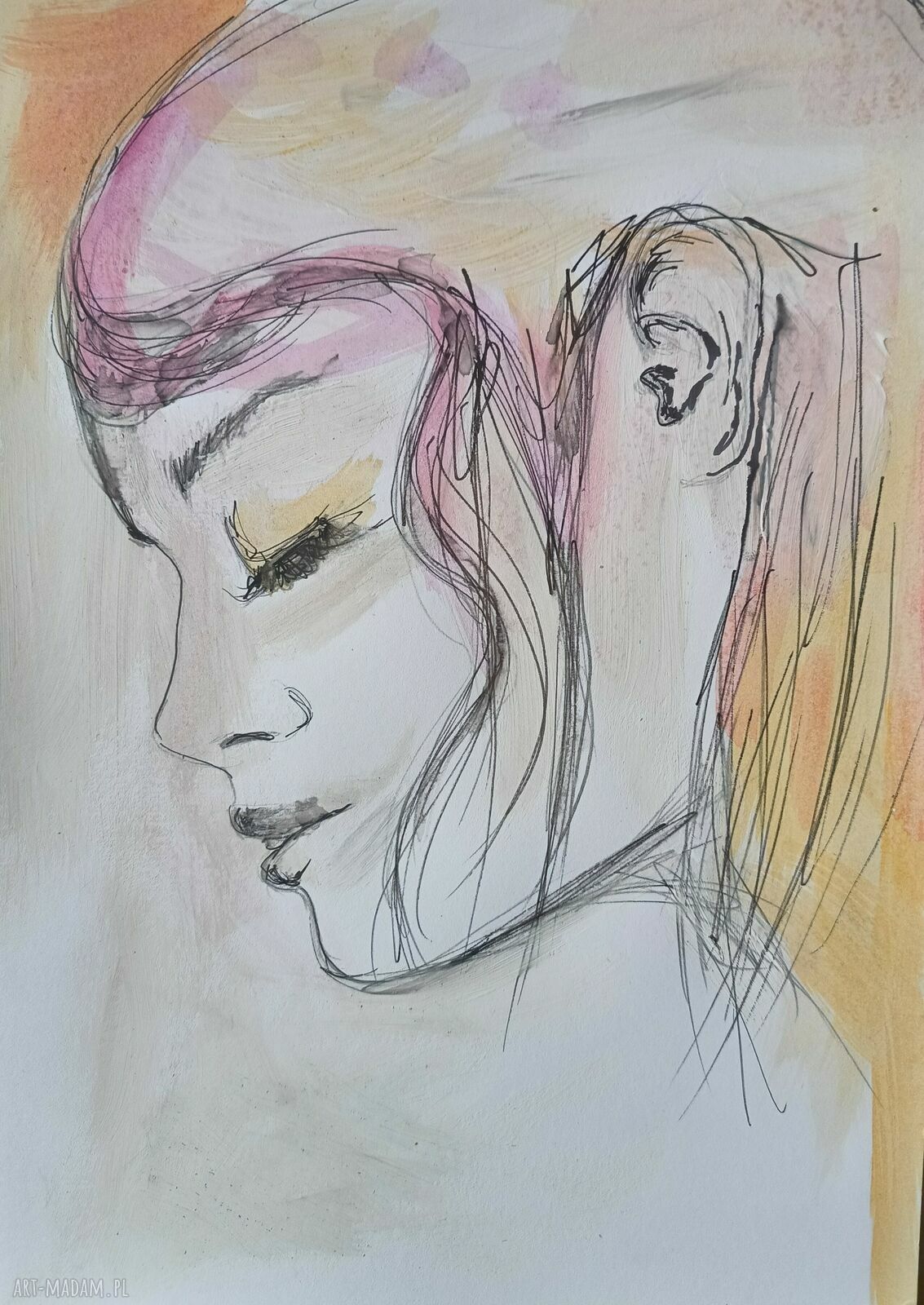 Ręcznie malowana grafika „Zasypiając” - kobiecy portret w technice mixed media