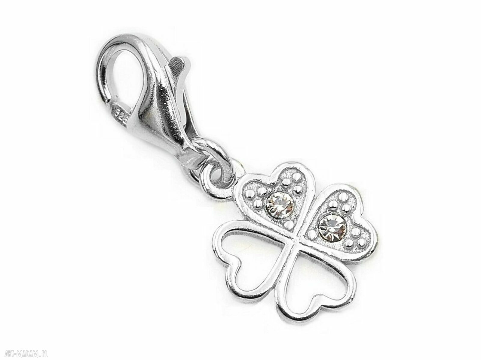 Srebrna zawieszka do bransoletki charms - czterolistna koniczynka na szczęście z cyrkoniami