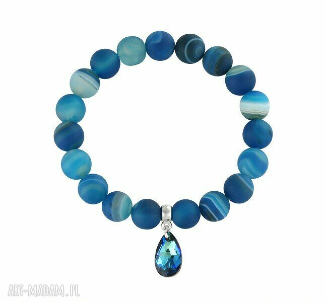 Mat blue agate with white swarovski pendant agat zawieszka