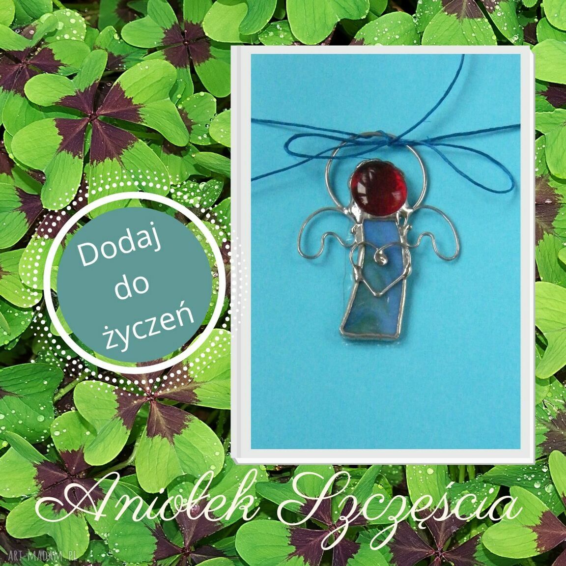 Kartka na życzenia z witrażowym Aniołkiem Szczęścia - zawieszka witrażowa (7 x 5 cm)