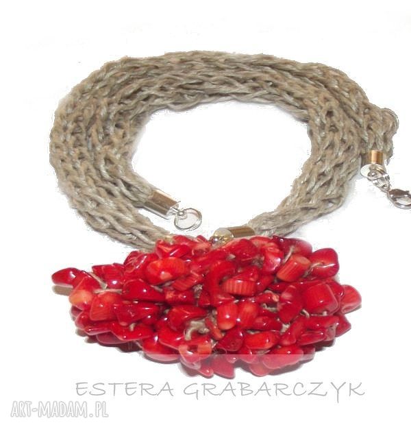 Naszyjnik z zawieszką z korala - lniana obroża boho