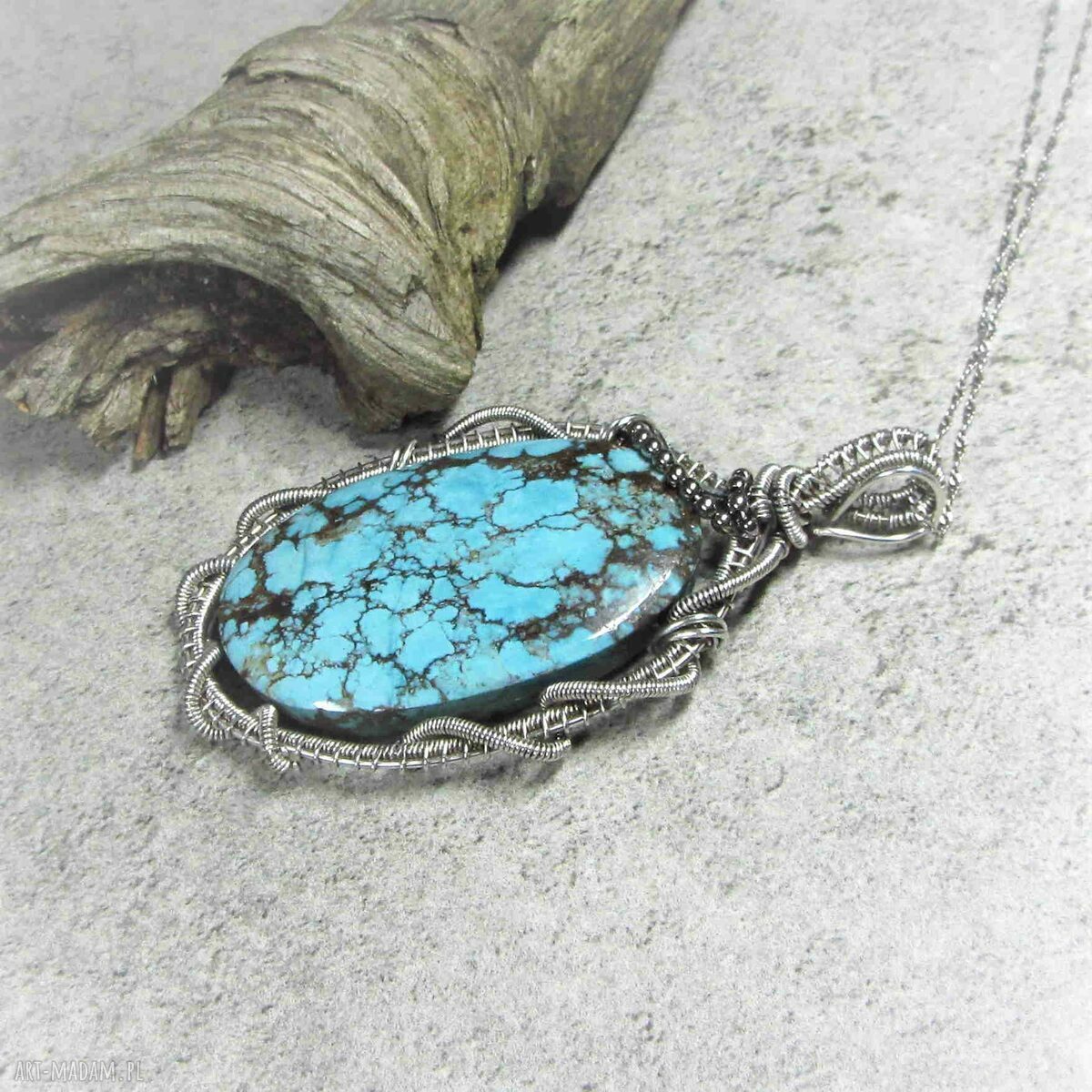Srebrna zawieszka z turkusem tybetańskim - wire wrapping, oksydowane srebro 999