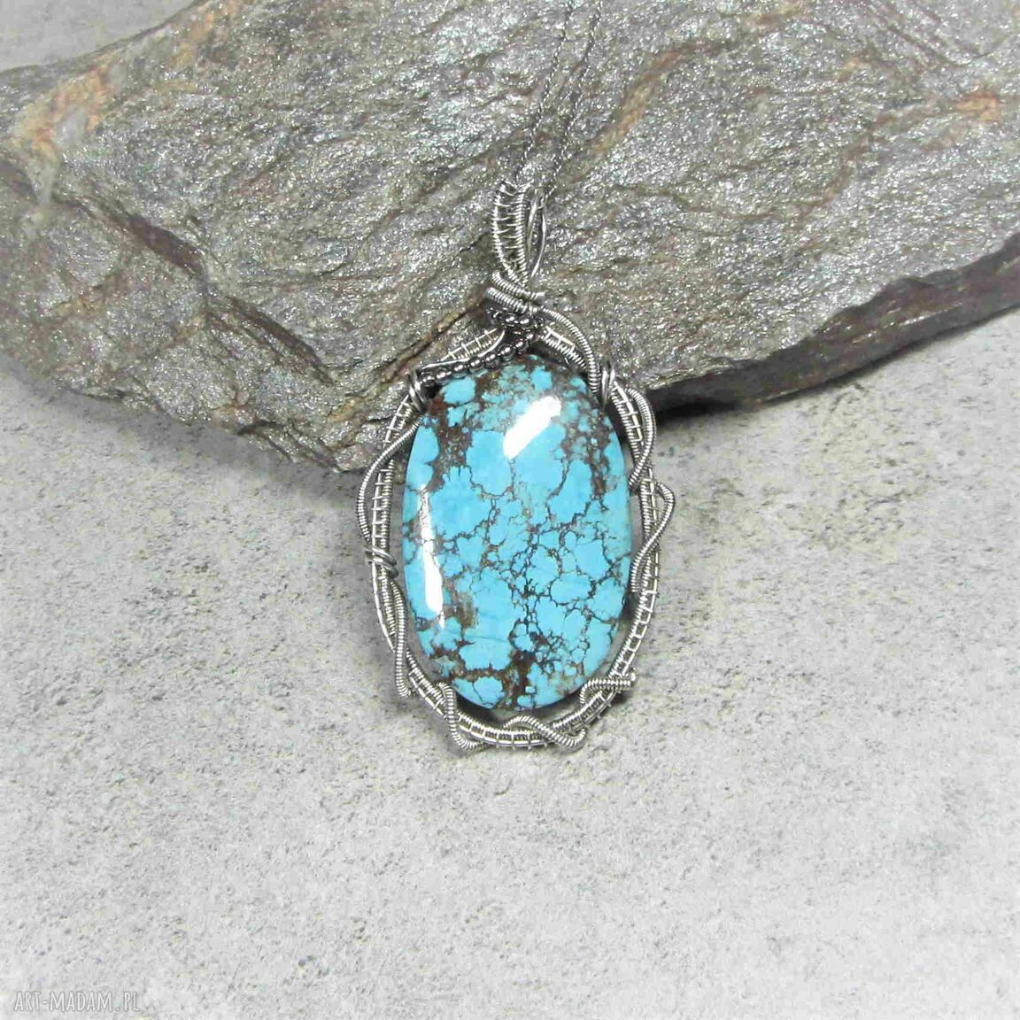 Srebrna zawieszka z turkusem tybetańskim - wire wrapping, oksydowane srebro 999