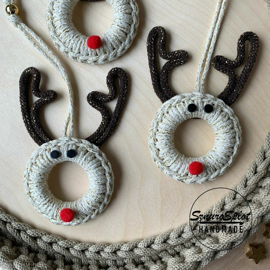 Zawieszki na choinkę 5 szt renifer Rudolf ze złotą nicią
