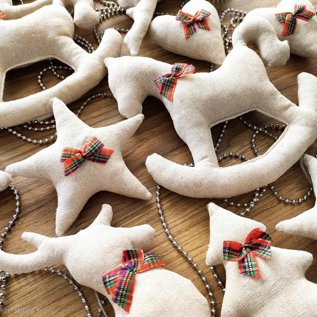 prezenty święta: Lniane ozdoby choinkowe zestaw 18 sztuk handmade