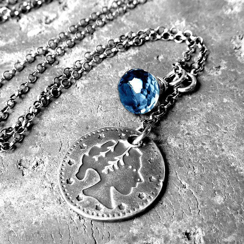 Srebro granatowy kwarc naszyjnik she charms monetka zawieszki