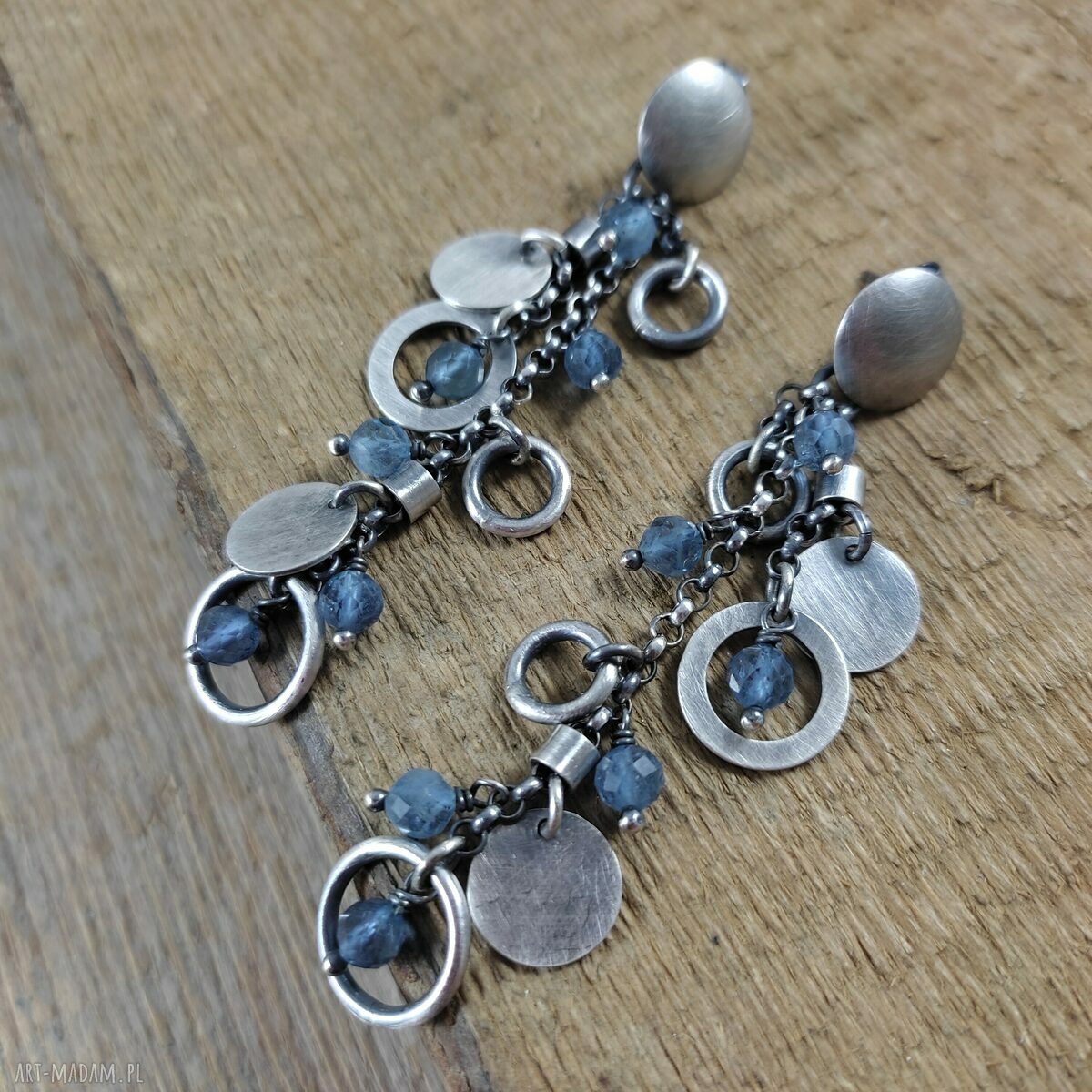 Kolczyki z zawieszkami z akwamarynem - srebro 925 oksydowane, handmade