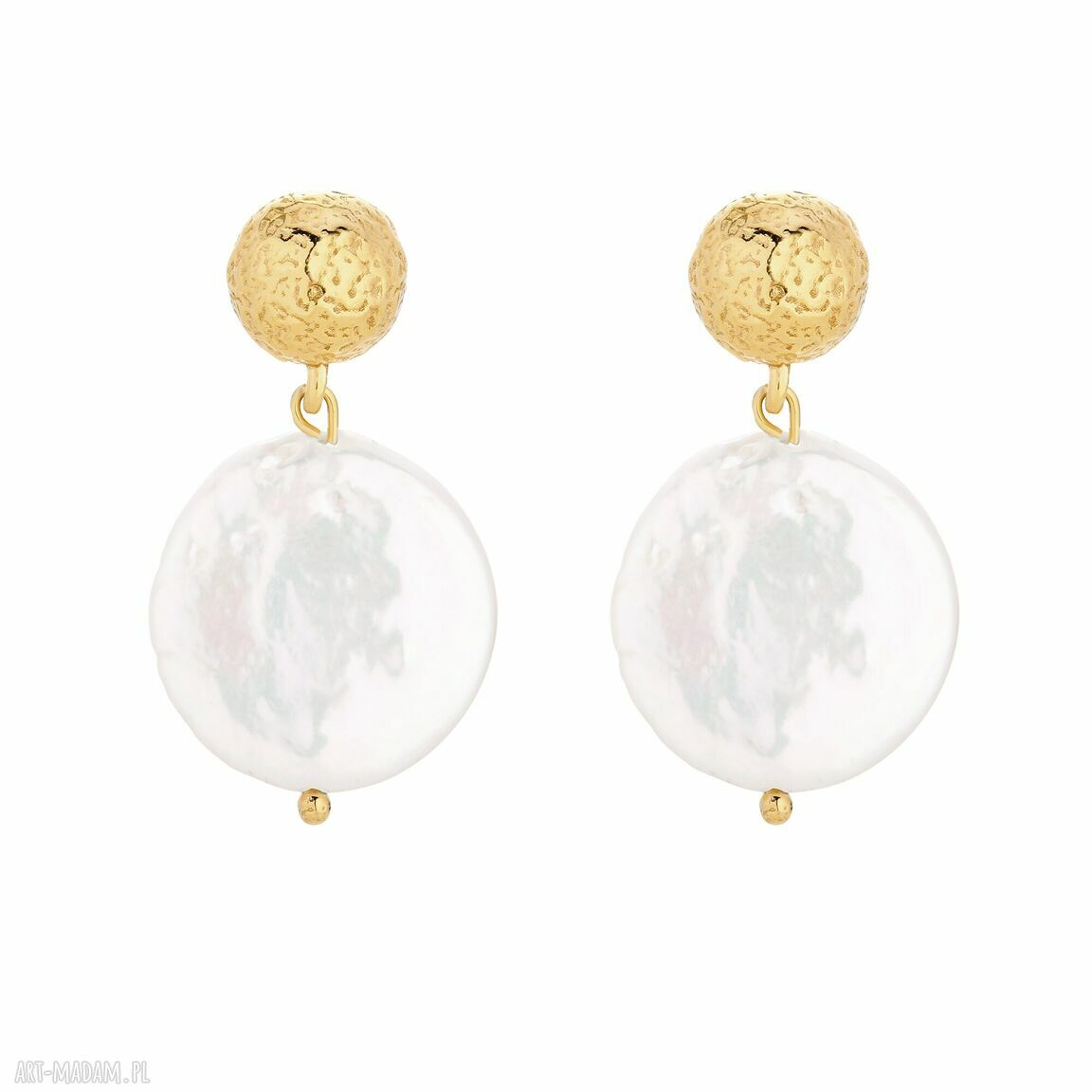 Złote kolczyki dużymi płaskimi perłami perełki duże wiszące
