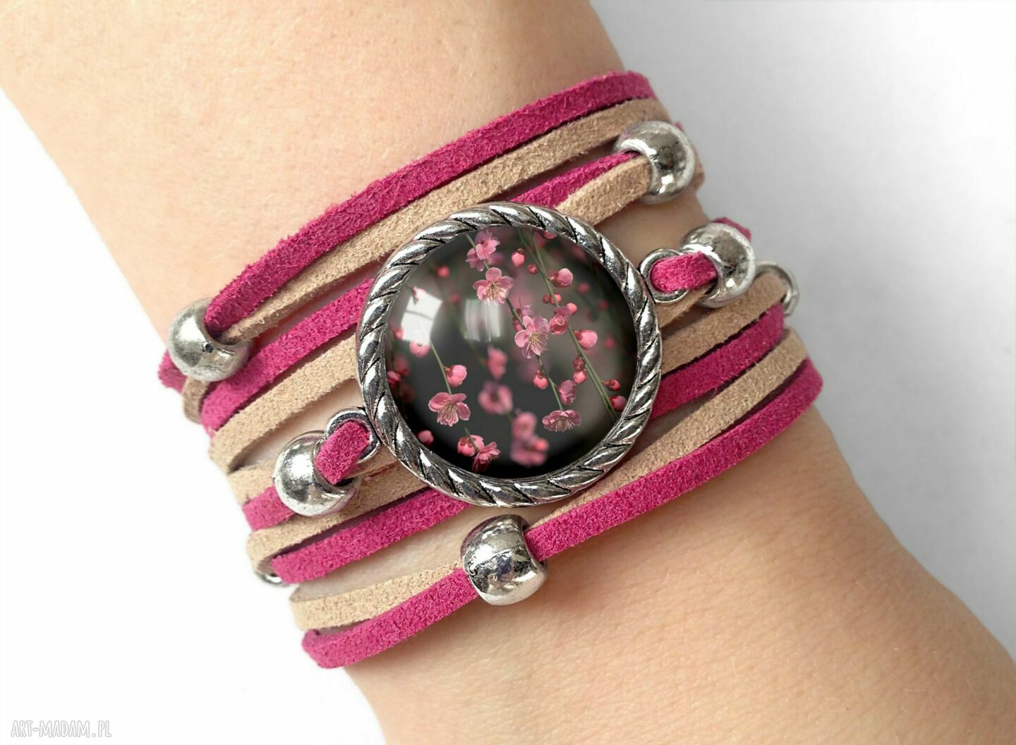 Bransoletka retro kwiaty fuksja zawijana delikatna ręcznie