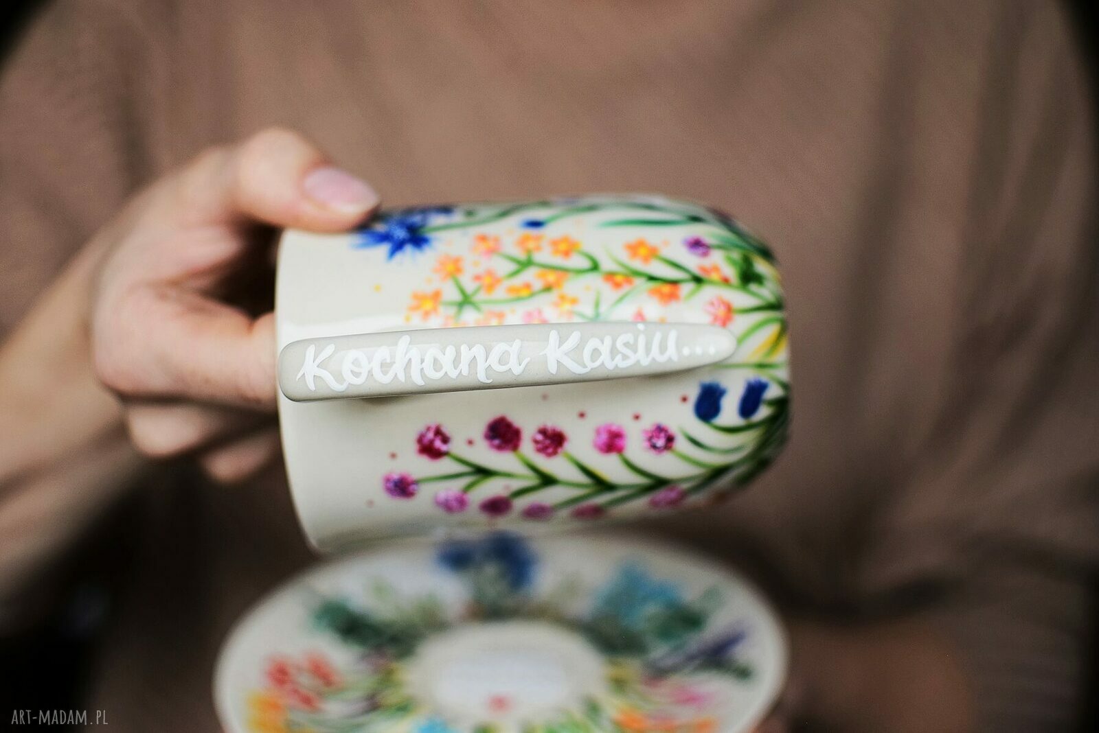 Kubek ze spodkiem Ręcznie Malowany Zioła Łąka Kwiaty Polne 300ml
