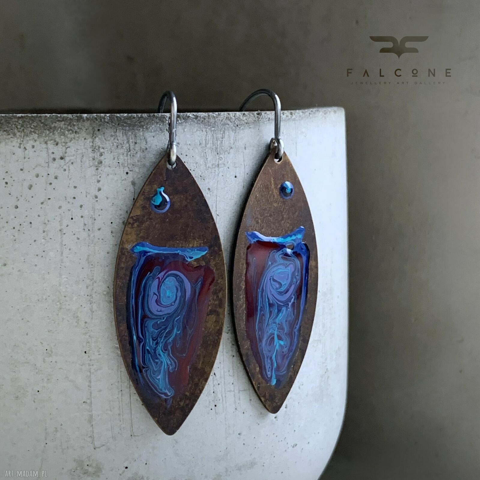 Kolczyki ze srebra i mosiądzu Fish Dark Ruby & Deep Blue