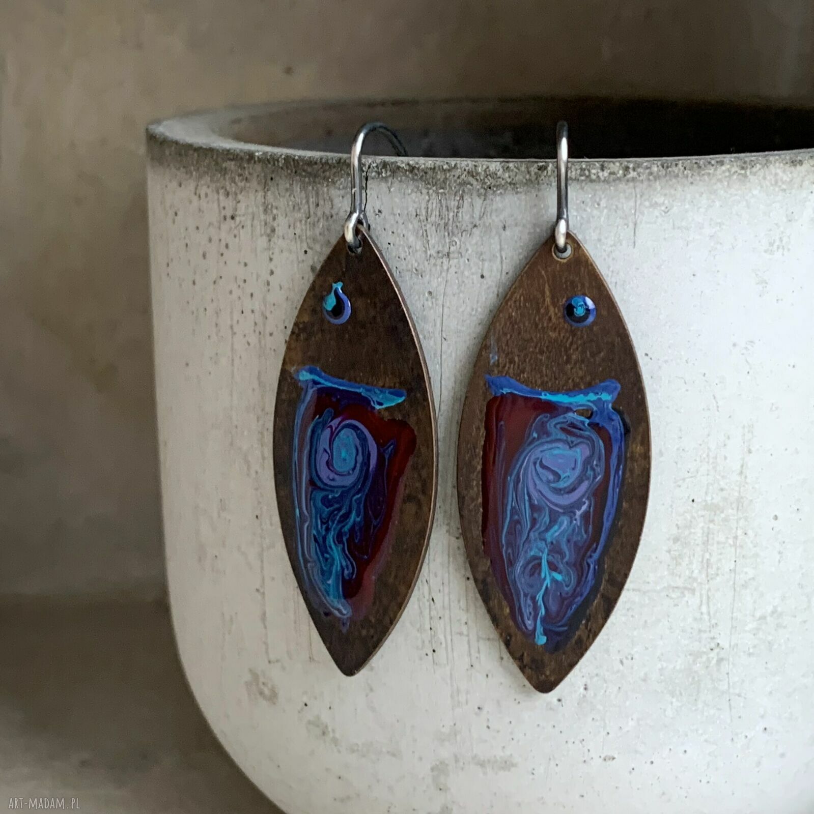 Kolczyki ze srebra i mosiądzu Fish Dark Ruby & Deep Blue