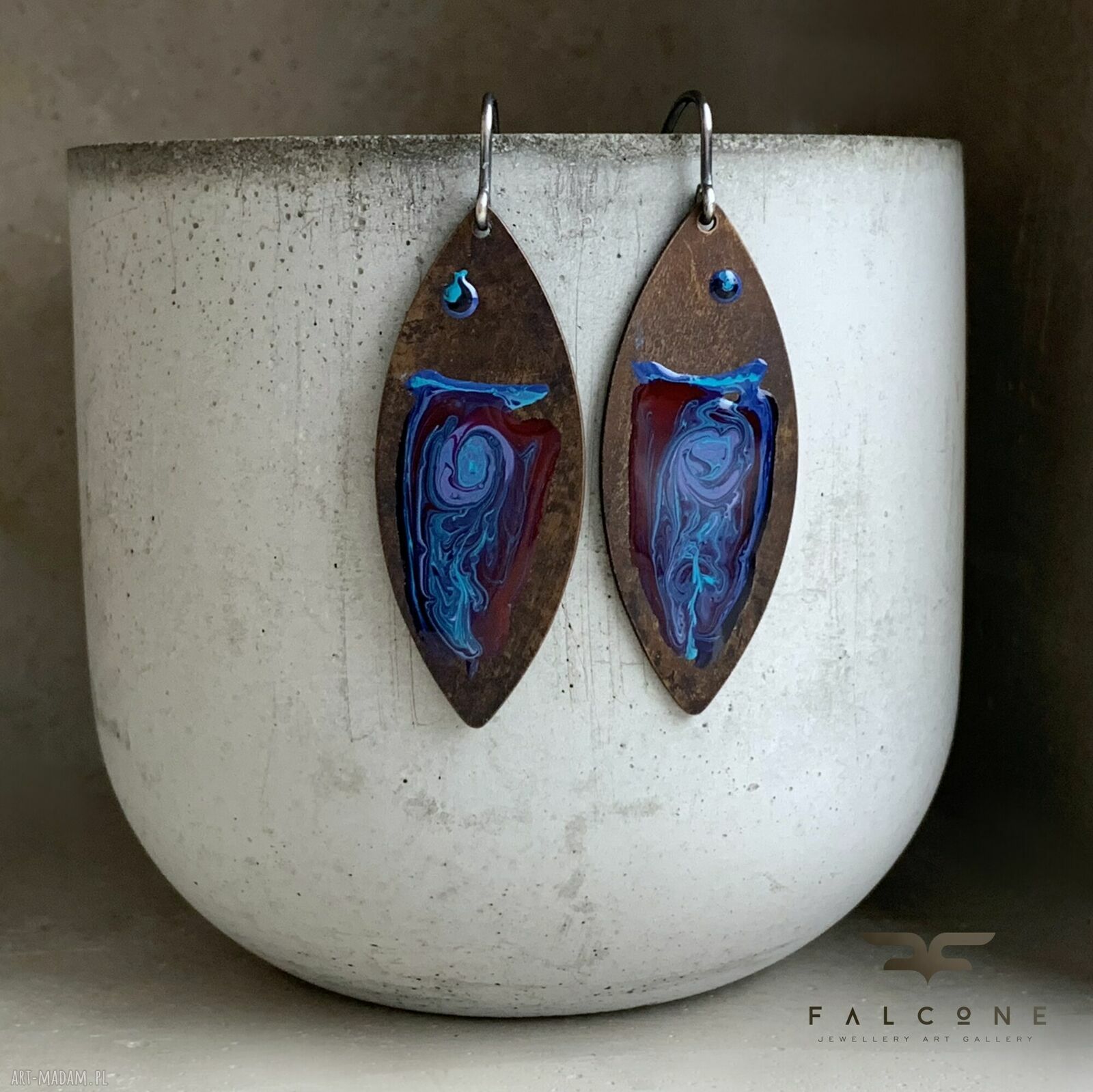 Kolczyki ze srebra i mosiądzu Fish Dark Ruby & Deep Blue