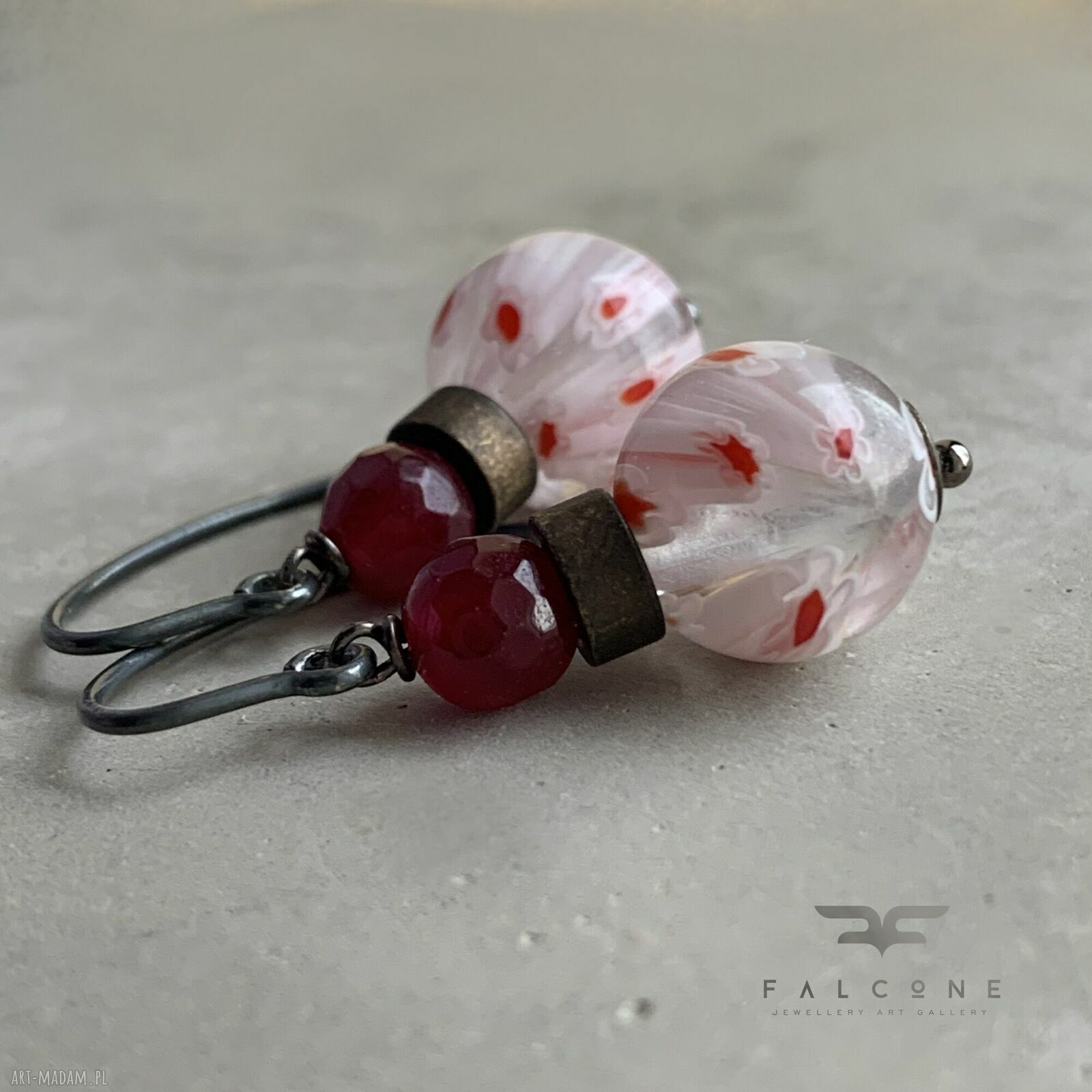 Kolczyki White Millefiori & Bordo z jadeitem, szkłem millefiori i biglami z oksydowanego srebra