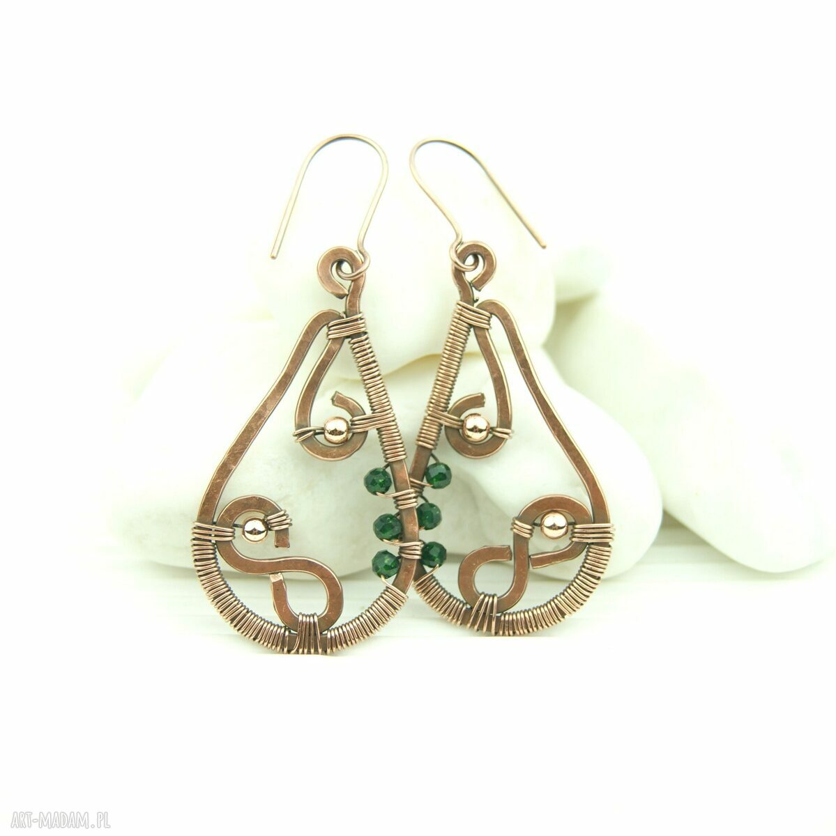 Kolczyki ze szmaragdem Nilu - miedziane wire wrapping z hematytem