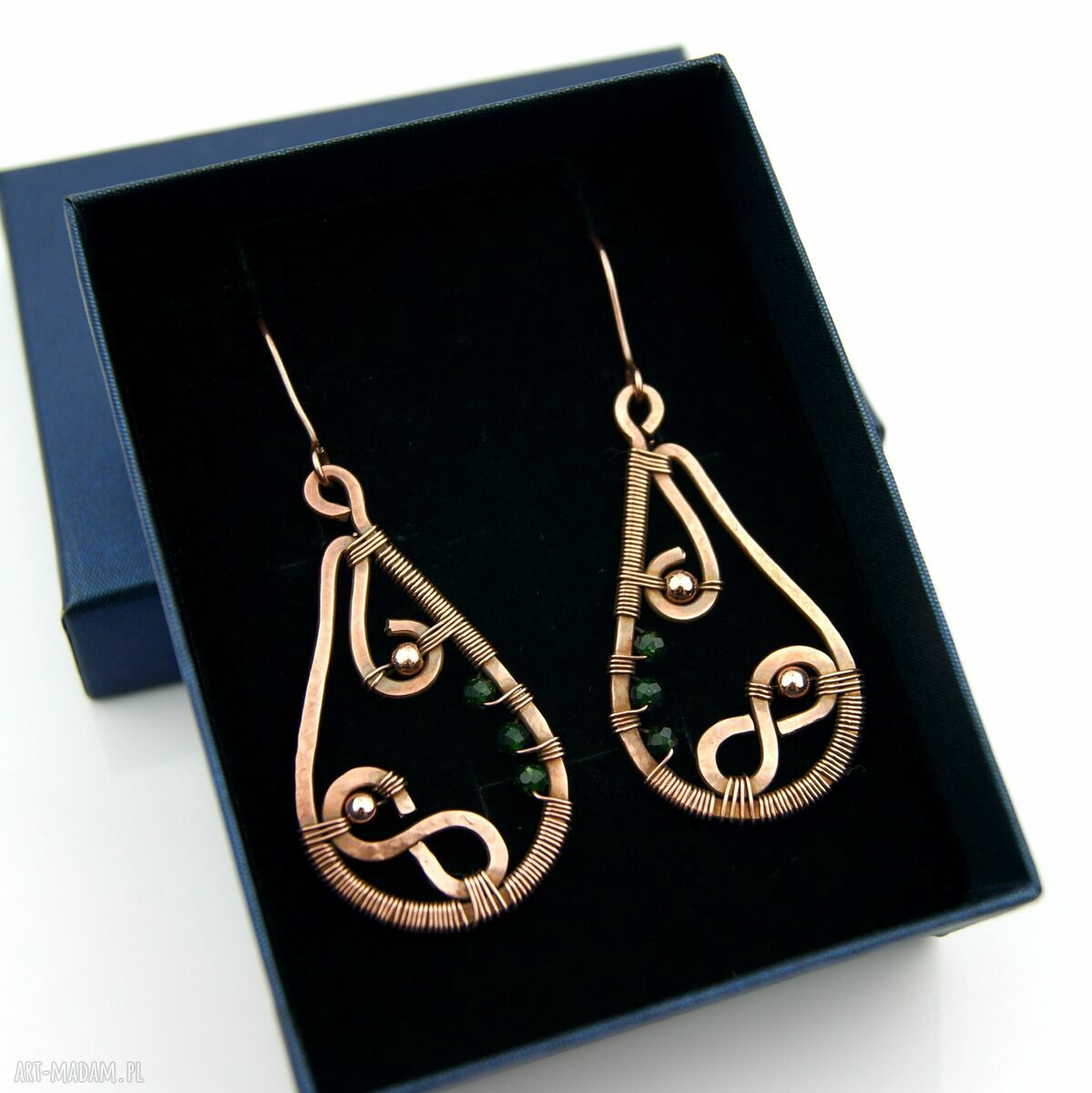 Kolczyki ze szmaragdem Nilu - miedziane wire wrapping z hematytem