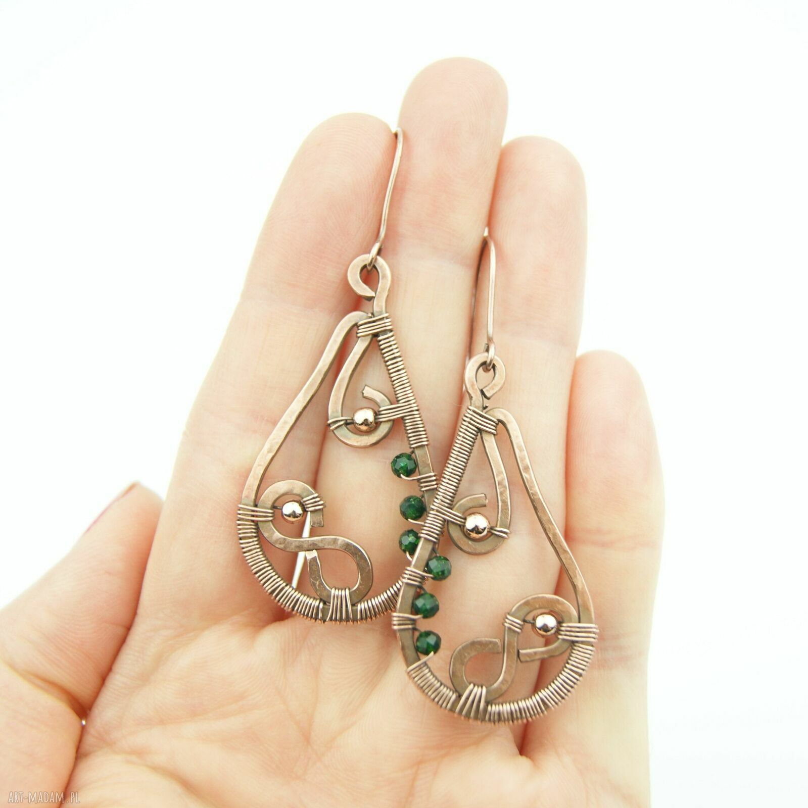 Kolczyki ze szmaragdem Nilu - miedziane wire wrapping z hematytem