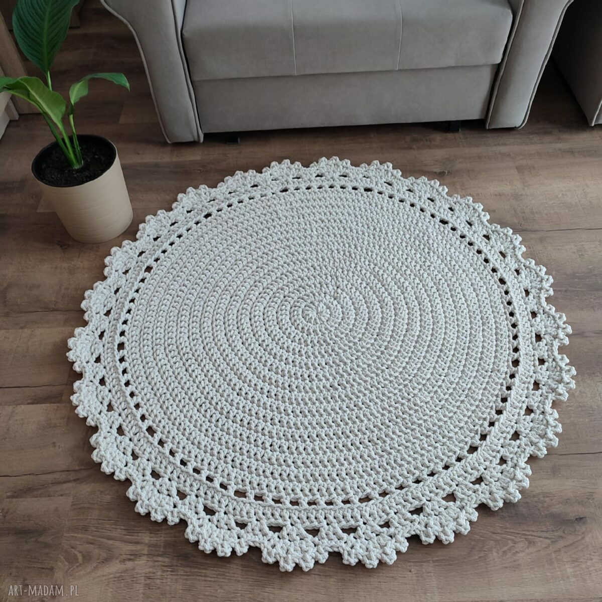 Dywan ze sznurka szydełkowy 110 cm - okrągły ecru do salonu