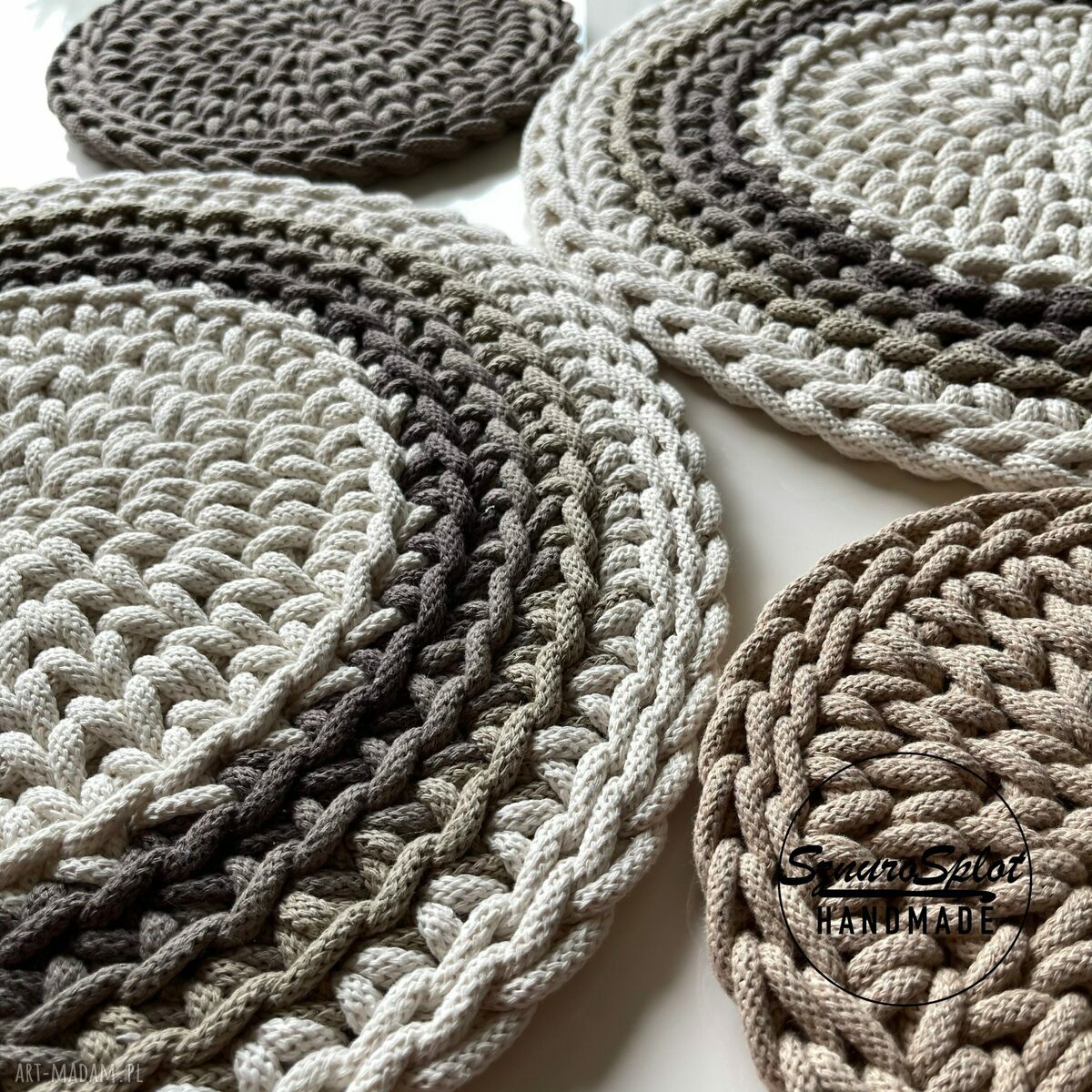 Komplet podkładek ze sznurka ombre na stół - pod talerze i kubki (taupe i ecru)